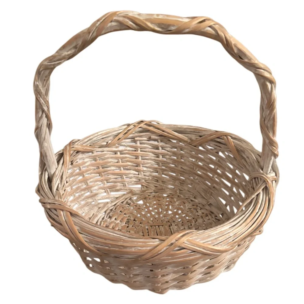 Hand Woven Gathering Basket Handcrafted Whitewashed Farmhouse Cottage Home Decor